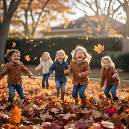 A group of five young children, dressed in autumn-themed coats and jeans, are joyfully playing outdoors amidst a carpet of fallen leaves. Sunlight filters through the trees, casting a warm glow on the scene. Some children are running and jumping, while others are smiling and laughing, fully immersed in the fun of the fall season.の素材