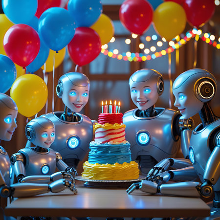 A group of five robots, including a smaller one, are gathered around a table for a birthday celebration. A three-tiered cake with lit candles is the focal point. The scene is decorated with numerous red, yellow, and blue balloons, and a string of colorful lights adds a festive glow. The robots have glowing blue eyes and metallic bodies.の素材