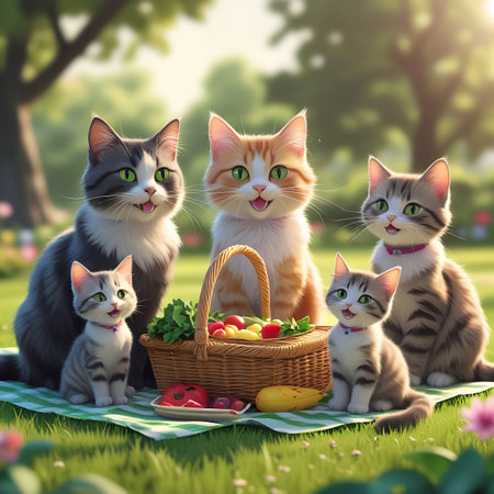 Five adorable and playful kittens are captured in a charming picnic scene within a sunlit park. They are arranged around a wicker basket brimming with various fruits and vegetables, including apples, tomatoes, bananas, and grapes. The kittens, each with striking green eyes and happy, open-mouthed smiles, are seated on a checkered blanket. The background is a soft, natural setting of green grass and trees, bathed in warm sunlight, creating a scene of pure delight and companionship.の素材