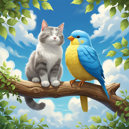 A fluffy gray and white cat with closed eyes sits peacefully next to a vibrant blue and yellow bird on a sturdy tree branch. Green leaves frame the scene against a backdrop of a bright blue sky with soft, white clouds. The animals appear calm and content, suggesting a moment of quiet companionship in nature.の素材