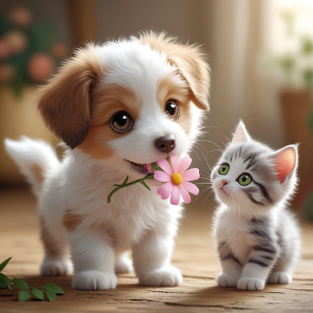 A very cute, fluffy puppy with brown and white fur and large, expressive eyes is holding a delicate pink flower with a green stem and leaves in its mouth. Beside the puppy, a small, grey and white tabby kitten with bright green eyes looks up at the flower and the puppy with curiosity. They are positioned on a wooden floor with hints of greenery in the background, suggesting an indoor setting.の素材