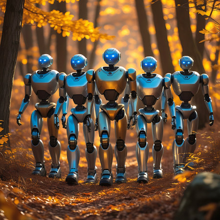 Five metallic humanoid robots, some silver and some gold, are positioned in a line within a sunlit autumn forest. Their eyes glow with a bright blue light. The forest floor is covered in fallen leaves of various warm colors. Sunlight filters through the trees, creating a warm and inviting atmosphere. The robots display detailed mechanical construction.の素材