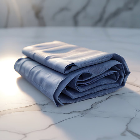 A folded piece of smooth, light blue fabric is placed on a polished marble surface. Soft sunlight illuminates the scene, creating gentle shadows that highlight the folds and texture of the material. The marble surface exhibits subtle veining.の素材