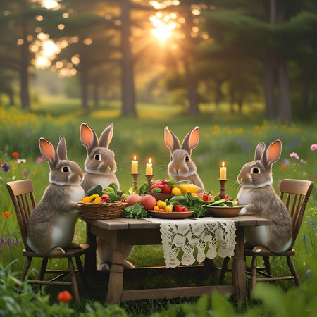 Four endearing rabbits are seated around a rustic wooden table in a sunlit meadow clearing, enjoying a delightful meal. The table is covered with a lace-edged tablecloth and filled with an assortment of fresh vegetables, fruits, and lit candles. The background is a soft blur of trees and wildflowers, bathed in the warm glow of sunlight.の素材
