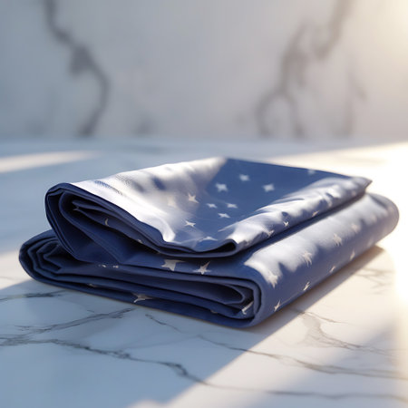 A close-up shot of a folded piece of blue fabric patterned with small white stars. The fabric is placed on a marble surface, with soft sunlight casting highlights and shadows, creating a textured and visually appealing composition.の素材