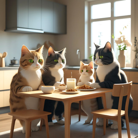 Four anthropomorphic cats, including a kitten, are gathered around a wooden kitchen table, appearing to have a meal. They are seated on small chairs and standing, with bowls of kibble and a glass of milk on the table. Sunlight streams in from a large window, creating a warm and inviting atmosphere in the modern kitchen. The cats have distinct markings and green eyes, adding to the charming and surreal nature of the scene.の素材