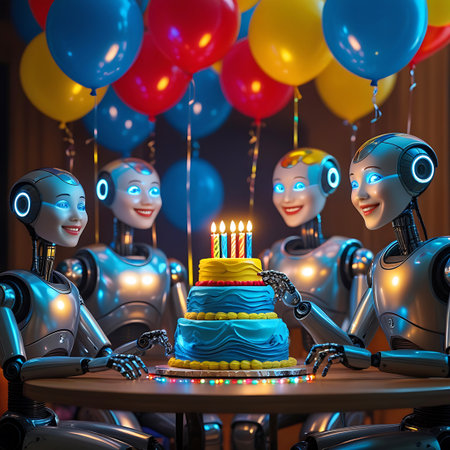 Four humanoid robots with glowing blue eyes are gathered around a wooden table, celebrating a birthday. A multi-tiered cake with lit candles sits in the center, surrounded by colorful balloons and festive lights. The robots have metallic bodies and expressive faces, suggesting a sense of joy and camaraderie.の素材