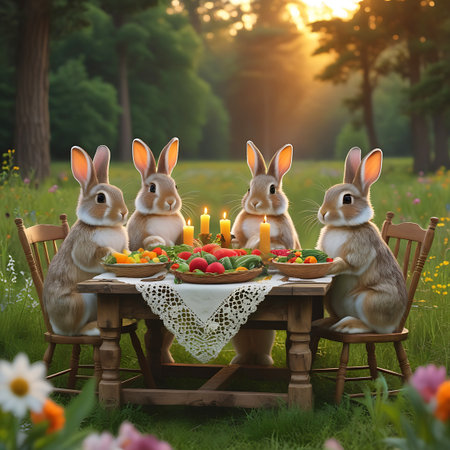 Four charming rabbits are gathered around a wooden table in a bright forest clearing, enjoying a meal. The table is set with a lace-edged tablecloth, bowls overflowing with fresh vegetables and fruits, and lit candles. The scene is bathed in warm sunlight filtering through the trees, with wildflowers and lush green grass surrounding the table.の素材
