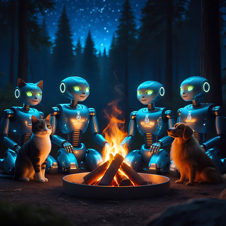 Four futuristic robots with glowing green eyes are seated in a circle around a bright campfire. A tabby cat is on the left, and a golden-brown dog is on the right, both looking towards the fire. The background depicts a dark forest with numerous stars visible in the night sky. The robots have metallic bodies and illuminated circular accents on their heads.の素材