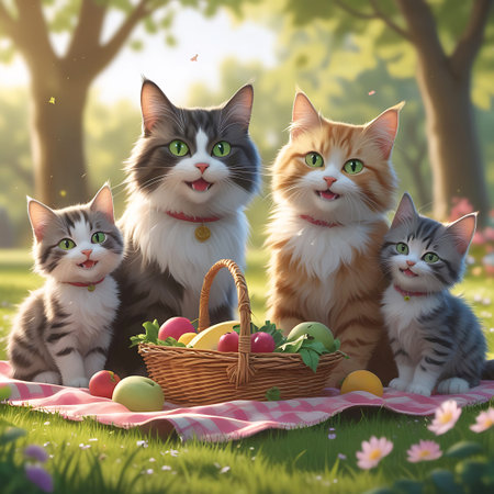 A heartwarming scene of four endearing kittens enjoying a picnic in a sunlit park. They are positioned around a wicker basket overflowing with colorful fruits like apples, grapes, and bananas, along with some vegetables. The kittens, with their expressive green eyes and happy smiles, are seated on a pink and white checkered blanket. The background is a soft blur of trees and dappled sunlight, with a few delicate butterflies fluttering by, enhancing the magical and joyful atmosphere.の素材