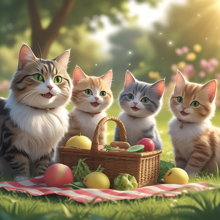 Four charming kittens with bright green eyes are gathered around a woven picnic basket filled with fresh fruits and vegetables. They are sitting on a red and white checkered blanket spread across lush green grass in a sun-dappled park. The kittens appear happy and playful, with their mouths open in cheerful smiles. The background features soft green trees and a warm, glowing light, creating a serene and idyllic scene.の素材