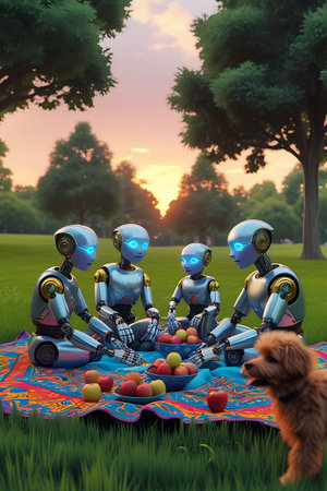 Four futuristic robots of varying sizes are having a picnic on a colorful blanket in a grassy park. A small, fluffy dog is positioned in the foreground, looking towards the robots. A bowl of fruit, including apples and grapes, sits in the center of the blanket. The scene is set against a backdrop of lush green trees and a warm sunset sky with soft clouds.の素材