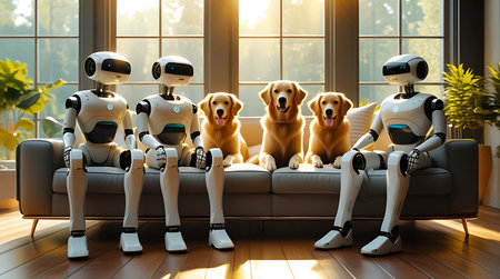 Four white humanoid robots with blue glowing accents are arranged on a gray couch, with two golden retriever dogs sitting between them. The room is bathed in warm sunlight from large windows, creating a serene atmosphere. The robots and dogs are positioned as if sharing the space comfortably.の素材