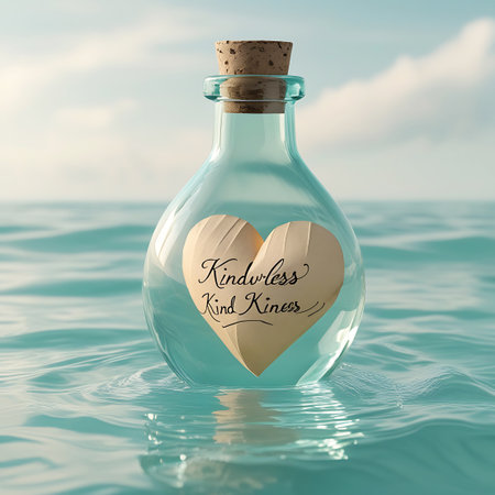 A clear glass bottle with a cork stopper floats on gentle turquoise ocean waves under a cloudy sky. Inside the bottle, a heart-shaped piece of paper with the handwritten words "Kindness Kind Kiness" is visible. The sunlight reflects on the water's surface and the glass.の素材
