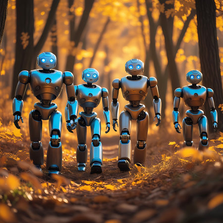 A group of four metallic humanoid robots with bright blue glowing eyes are depicted walking along a path in an autumn forest. The ground is carpeted with fallen leaves in warm hues of orange, yellow, and brown. Sunlight streams through the trees, creating a dappled light effect. The robots exhibit intricate mechanical details and articulated joints.の素材