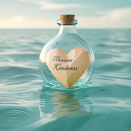 A clear glass bottle with a cork stopper floats on gentle turquoise ocean waves under a hazy sky. Inside the bottle, a heart-shaped piece of paper with the handwritten words "Oceane Kindness" is visible. The sunlight reflects on the water's surface and the glass.の素材