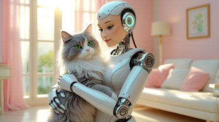 A futuristic female robot with a human-like face and visible mechanical joints is gently holding a fluffy grey cat with striking green eyes. The robot is white and silver, with glowing blue accents on its head. They are in a brightly lit room with soft pink and white decor, including a sofa with pillows and a large window allowing natural light to stream in. The scene suggests a harmonious interaction between advanced technology and a domestic pet.の素材