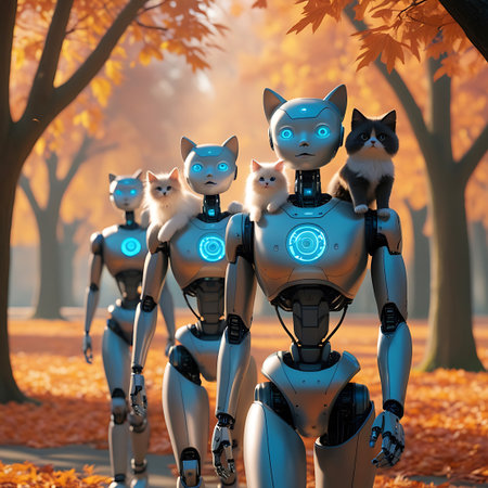 A line of sleek, metallic robots with glowing blue accents walk through an autumn park. The robots have cat-like ears and faces. Several fluffy kittens are perched on the shoulders of the robots, looking forward. The ground is covered in fallen orange and yellow leaves, and the trees are bare except for a few remaining autumn leaves. Sunlight filters through the trees, creating a warm, dappled light.の素材