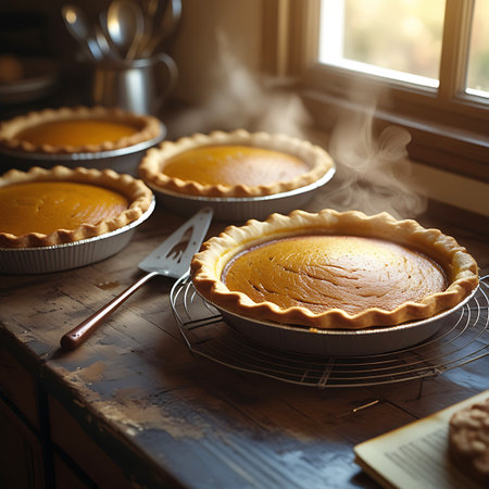 Four golden pumpkin pies, each emitting steam, are arranged on a rustic wooden table. The pies are on cooling racks, showcasing their fluted crusts and vibrant orange filling. A pie server with a rose gold handle rests on the table near the front pie. An open cookbook is also visible, along with other kitchen utensils, bathed in warm light from a window.の素材