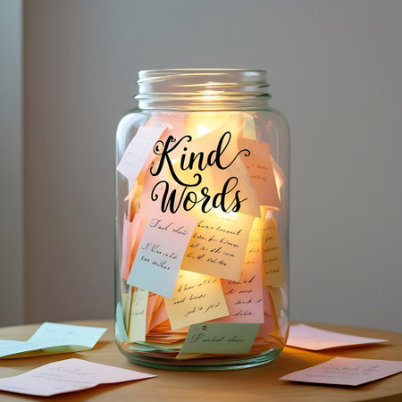 A clear glass mason jar is filled with a multitude of colorful sticky notes and small pieces of paper, many featuring handwritten phrases such as "Kind Words". Delicate fairy lights are woven throughout the notes, emitting a soft, warm glow. Some loose notes are scattered around the jar on a wooden table.の素材