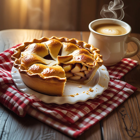 A close-up view of a freshly baked apple pie with a slice removed, revealing the fruit filling. Golden brown crust glistens under warm light. Beside it, a white mug of coffee with visible steam rising and latte art. The scene is set on a rustic wooden table with a red and white checkered napkin.の素材