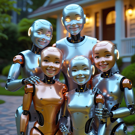 A group of five humanoid robots, varying in size and metallic finish (silver and copper), are posed together outdoors in front of a house. They have glowing yellow eyes and subtle ear lights. The robots are smiling, suggesting a happy family dynamic. The background features a green lawn, trees, and a building with illuminated windows, creating a suburban setting.の素材