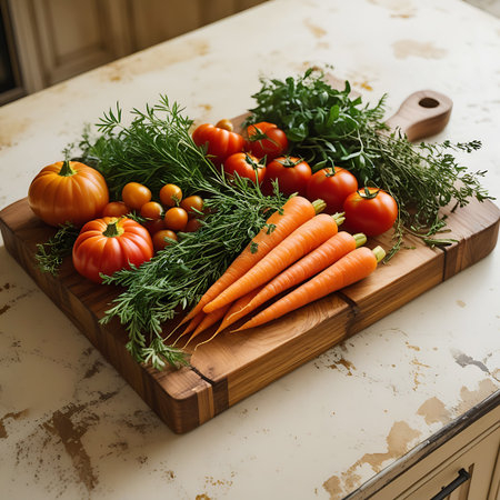 A rustic wooden cutting board is filled with a vibrant assortment of fresh garden vegetables and herbs. Bright red tomatoes and smaller cherry tomatoes are nestled amongst feathery dill and sprigs of rosemary and thyme. Several orange carrots with green tops are arranged prominently, alongside two small, round orange pumpkins or squash. The scene is set on a textured, light-colored surface, suggesting a kitchen or dining area.の素材