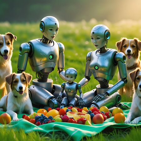 A metallic robot family, including a male-looking robot, a female-looking robot, and a child robot, are sitting on a green picnic blanket with four dogs. A colorful assortment of fruits, such as oranges, blueberries, raspberries, strawberries, and kiwi slices, is arranged on a platter in front of them. The setting is a bright, sunny, grassy outdoor area.の素材