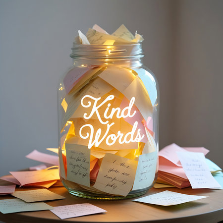 A clear glass mason jar is packed with a large quantity of colorful sticky notes and small papers, many bearing handwritten messages like "Kind Words". Fairy lights are interspersed among the notes, creating a bright, warm illumination. The jar is overflowing, with some notes spilling out onto the wooden table.の素材