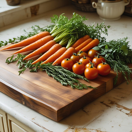 A close-up view of fresh, vibrant vegetables and herbs arranged on a rustic wooden cutting board. A bunch of carrots with green tops, ripe red tomatoes, and sprigs of rosemary and thyme are artfully placed, suggesting preparation for a healthy meal. The natural light highlights the textures and colors of the ingredients.の素材