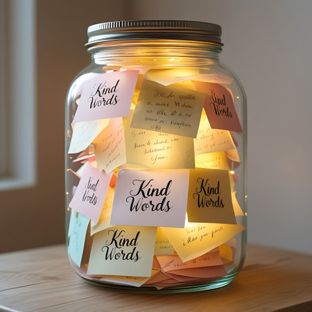 A clear glass mason jar is filled with numerous colorful sticky notes and small pieces of paper, many of which have handwritten words like "Kind Words". Tiny fairy lights are intertwined within the notes, casting a warm glow. The jar sits on a wooden surface.の素材