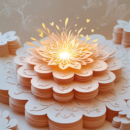 Illustration showing glowing paper flower sculpture with heart accents keywords: paper art, papercraft, flower, floral, delicate, intricate, layered, cutout, design, craft, handmade, decoration, ornamental, bloom, blossom, petals, light, glowing, illuminated, warm, soft, elegant, artistic, creative, detailed, symmetrical, abstract, modern, unique, centerpiece, background, texture, beige, neutral, shadow, bright, yellow, orange, light source, studio, macro, close-up, hearts, sparkles...の素材