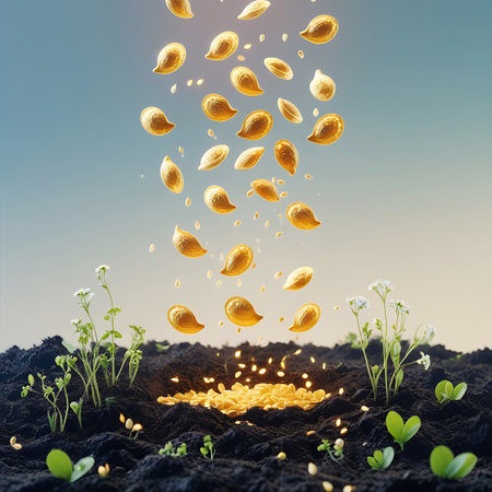A surreal scene depicts numerous golden, glowing seeds falling from a bright blue sky onto rich, dark soil. Small green plants with delicate white flowers are already sprouting from the earth, some illuminated by the light of the falling seeds. The image symbolizes growth, new life, and the potential held within each seed.の素材
