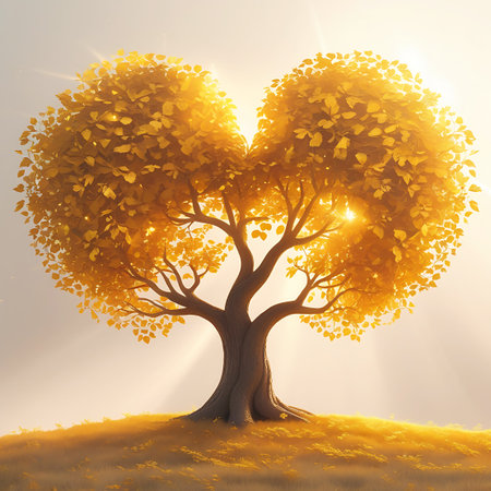 A majestic tree with a distinct heart-shaped canopy of golden-yellow leaves stands on a rounded, sun-drenched grassy knoll. Bright sunlight streams through the branches and leaves, illuminating the scene with a warm, radiant glow. The background is a soft, diffused light.の素材