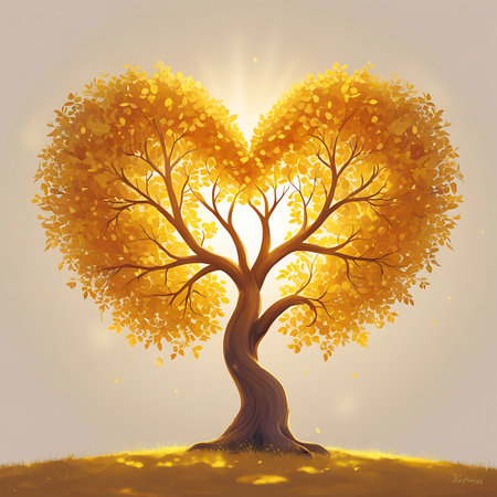 A stylized tree with a canopy shaped like a heart, adorned with abundant golden-yellow leaves. A bright sunburst emanates from behind the heart-shaped foliage, casting a warm glow. The tree stands on a gentle, golden-hued grassy hill, with a few scattered leaves falling around it. The background is a soft, neutral gradient.の素材