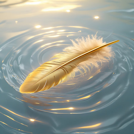 A single, lustrous golden feather rests gently on the surface of clear, rippling water. The water's surface is disturbed into concentric circles, reflecting bright, sparkling lights that create a mesmerizing, ethereal effect. The overall impression is one of delicate beauty and tranquility.の素材