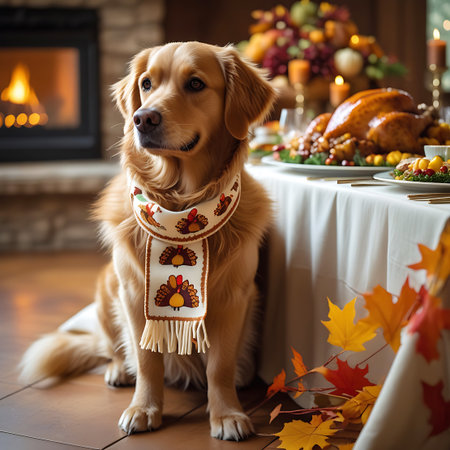 A friendly Golden Retriever dog sits attentively, wearing a festive bandana adorned with Thanksgiving turkey and autumn leaf motifs. Behind the dog, a beautifully set dining table is laden with a roasted turkey, side dishes, and decorative pumpkins, with a warm fireplace glowing in the background. The scene radiates a cozy and celebratory holiday atmosphere.の素材