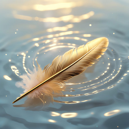 A striking golden feather is positioned on the surface of water, creating gentle ripples. The water's surface is illuminated by soft, sparkling lights that reflect and refract, creating a beautiful bokeh effect. The image conveys a sense of calm, elegance, and ethereal beauty.の素材