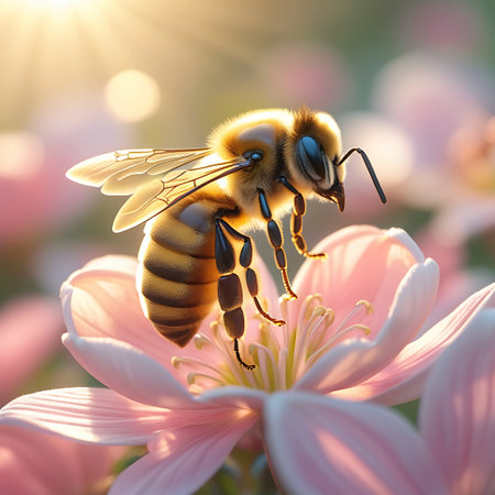 This macro photograph features a golden honeybee resting on a soft pink flower. The bee's body is richly detailed, highlighting its fuzzy thorax and striped abdomen. Its wings are translucent and catch the light. The flower's petals are delicate and slightly curved. The entire scene is illuminated by the warm, diffused glow of golden hour sunlight, creating a serene and beautiful natural setting with a softly blurred background.の素材