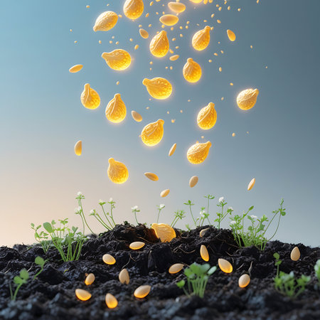 A close-up view shows golden, illuminated seeds descending from a soft blue sky onto a patch of dark, rich soil. Small, vibrant green plants with delicate white flowers are actively growing from the soil, some of which are also illuminated by the light of the falling seeds. The image captures the essence of germination and the emergence of life.の素材