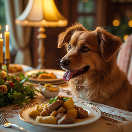A golden retriever dog with a pink collar sits at a festive dinner table, looking to the side with its tongue slightly out. The table is set with white tablecloths, plates of food, a floral arrangement, and lit candles. A lamp and blurred background add to the warm, cozy interior ambiance.の素材