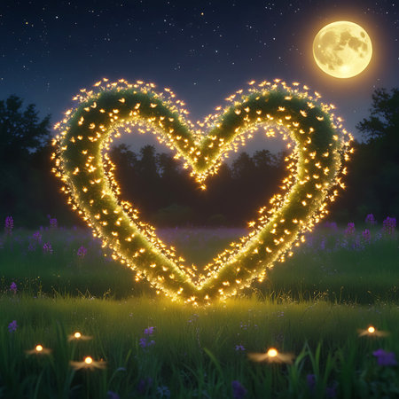 A luminous heart shape, created by a multitude of small, glowing lights resembling fireflies, is the central focus. It is set against a deep blue night sky with a prominent full moon and distant stars. The scene takes place in a field of grass with scattered purple flowers and small glowing orbs on the ground.の素材