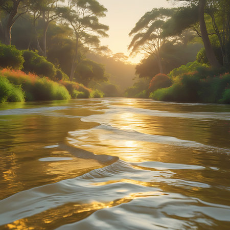 A serene river flows through a dense, lush green forest during sunrise. Golden sunlight streams through the trees, casting warm reflections on the rippling water. Mist hangs in the air, creating a tranquil and atmospheric scene.の素材