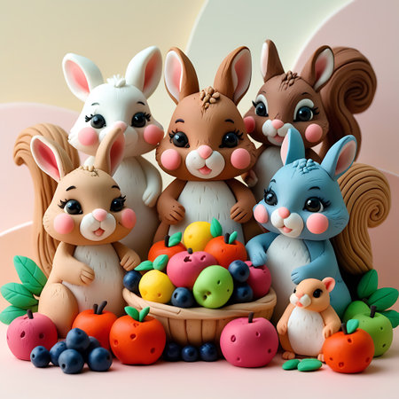 A cheerful gathering of six cartoon animals, including several bunnies and squirrels, are positioned around a rustic woven basket brimming with various fruits. The animals are designed in a cute, stylized manner, evoking the look of clay or polymer clay creations. The basket contains apples, blueberries, and other colorful fruits. Additional fruits and berries are scattered on the ground around the animals, enhancing the theme of abundance and nature. The background is soft and pastel, with...の素材