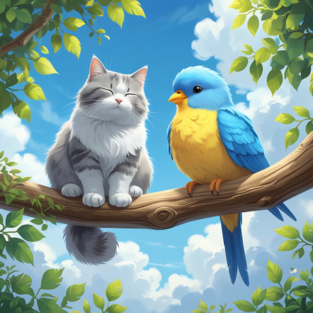 A fluffy gray and white cat with its eyes closed sits on a thick tree branch, looking content. Beside it, a bright blue and yellow bird is perched, facing the cat. Lush green leaves and a bright blue sky with white clouds surround the animals, creating a cheerful and serene natural setting.の素材