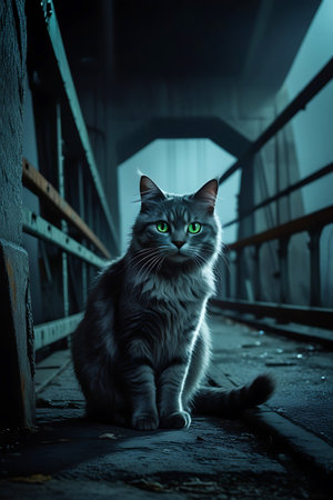 A fluffy gray cat with striking bright green eyes sits attentively on a weathered concrete walkway of a dark, atmospheric bridge. The scene is moody and somewhat eerie, with railings and structural elements of the bridge receding into the background. The lighting suggests twilight or night, casting shadows and highlighting the cat's fur and piercing gaze.の素材