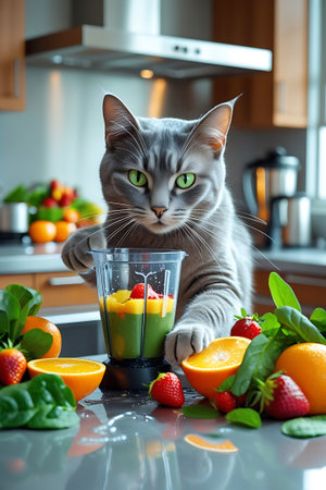 A gray cat with piercing green eyes is focused on a blender containing a vibrant green smoothie. The cat's paws are positioned near the blender, which holds a mixture of spinach and other ingredients. Fresh strawberries, oranges, and spinach leaves are artfully arranged on the kitchen countertop, with reflections visible on the surface.の素材
