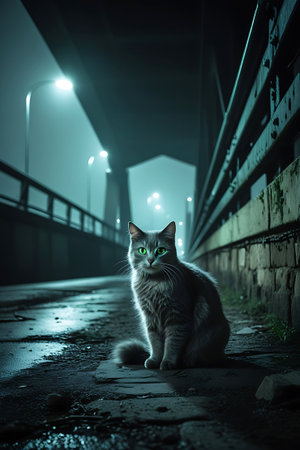 A gray cat with luminous green eyes sits on a wet, dark concrete pathway of a bridge at night. Streetlights cast a soft glow through the fog, creating an atmospheric and slightly eerie scene. The wet surface reflects the light, adding to the moody ambiance. The cat appears alert and watchful.の素材