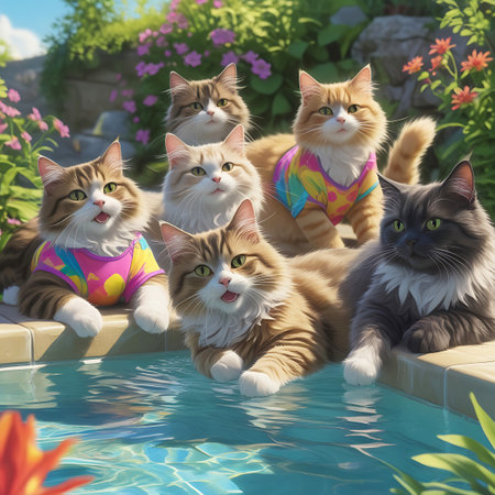 A charming group of six fluffy cats are gathered around the edge of a swimming pool. They are all wearing brightly colored, patterned shirts. The cats have various expressions, some looking directly at the camera. The setting is a sunny outdoor area with flowers and greenery.の素材