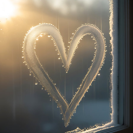 Glass showing heart drawn on a frosty window pane with water droplets and sunlight keywords: heart, window, glass, frost, ice, condensation, water droplets, sunlight, warm light, golden hour, morning, evening, winter, cold, cozy, indoors, outdoors, symbol, love, romance, texture, pattern, reflection, blurred background, light rays, atmospheric, delicate, ephemeral, artistic, drawing, etched, condensation art, frost art, seasonal, interior, close-up, detail description: a heart shape is drawn...の素材